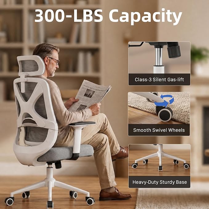 High Back Ergonomic Desk Chair with Adjustable Lumbar Support and Headrest Home Office Desk Chair with flip-up Armrests for Home, Office, Gaming, Student（White）