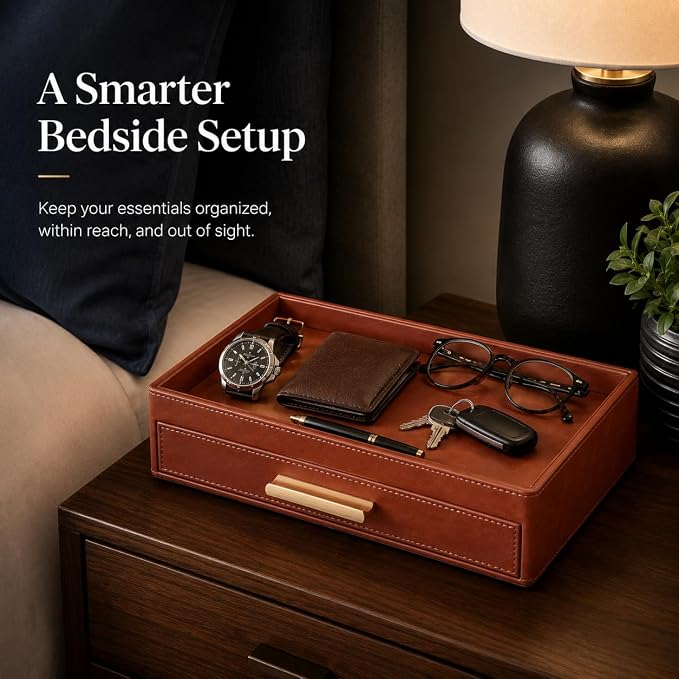 GORESE Leather Valet Tray with Drawer for Men, Nightstand Organizer, Brown | Vegan Leather, EDC Desk Organizer Tray for Jewelry Cologne Watch Wallet Key, Catchall Tray for Dresser Entryway Table Bedside