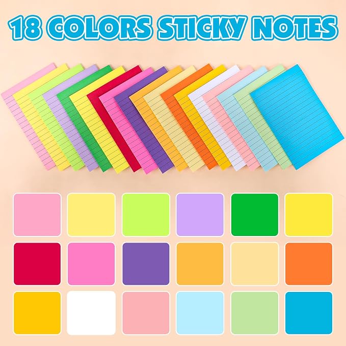 18 Pads Lined Sticky Notes, 18 Colors 4in x 6in Self Stick Note Pads, Strong Adhesive Sticky Note with Lines, Large Sticky Notes for School, Home, Office, 24 Sheets/Pad