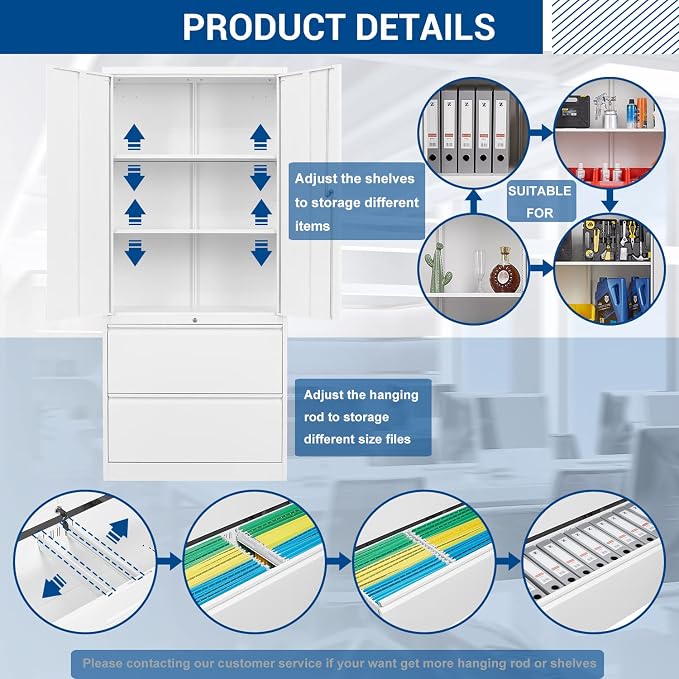 Fesbos Metal Steel Storage Cabinets with Lockable Drawers and Doors Lateral File Cabinets Steel Metal Filing Lockers for Home Office Hanging Files Letter/Legal/F4/A4 Size
