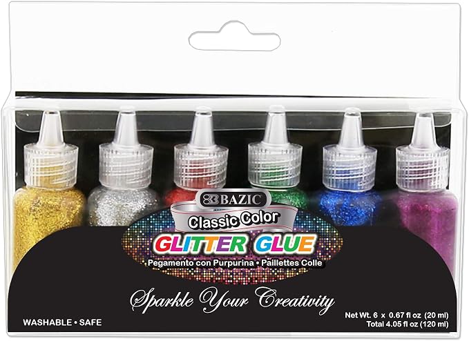 BAZIC Products Classic Glitter Glue, 6 Colors, 0.67 Oz, 24-Box | washable and non-toxic, classic glitter glue tubes, 0.67 Oz each, glue and glitter in one
