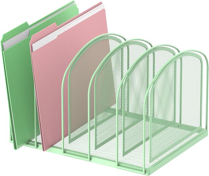 5-Section File Organizer for Desk, Metal File Folder Holder, Mint Green | 5 Vertical Compartments with Sturdy Metal Base for Office Documents Books Magazines and Laptop