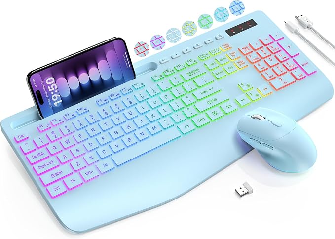 Wireless Keyboard and Mouse Combo, 9 Backlit Effects, RGB, 2.4GHz | Ergonomic Wrist Rest, Phone Holder, Rechargeable, Full Size, KM22 MAX Silent Set for Computer, Laptop, Mac, Windows (Blue)
