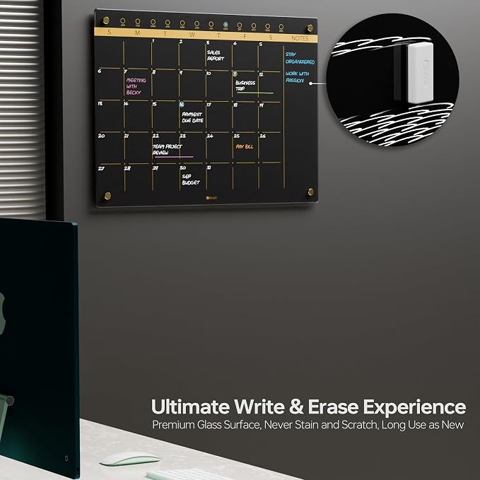 Black Glass Golden Monthly Dry Erase Calendar Whiteboard for Wall, 17" x 23", Frameless Large Planner White Board for Home Kitchen Office, 4 Wet Erase Markers Included, Yeoux