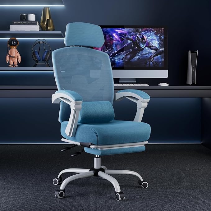 DUMOS Home Office Desk Chair with Footrest, High-Back Mesh Rolling Swivel Reclining Chairs with Wheels, Comfortable Headrest, Lumbar Support, Comfy Arms for Home, Office, Gaming, Student, Elegant Blue