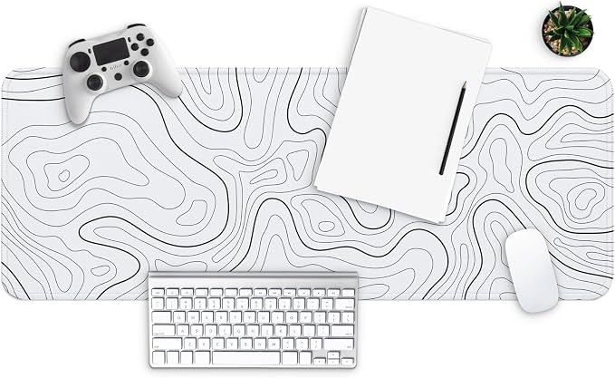 MAY FLOWER Large Gaming Mouse Pad, Full Keyboard Mat, Long Laptop Mousepad, Computer Mouse Mat for Home and Office, Anti-Slip Rubber Base, 31.5 x 11.8 Inches (Grey White Topographic Map)