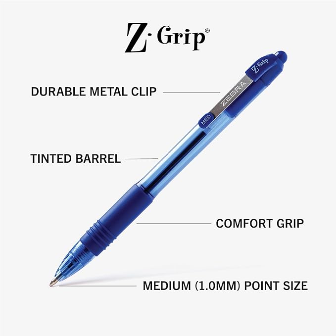 Zebra Pen Z-Grip Retractable Ballpoint Pen, Blue Ink, 1.0mm, 24 Bulk-Pack | Smooth Writing, Medium Point Tip, Ideal for Planners, Note-Taking, School and Office Supplies, and Everyday Writing (12225)