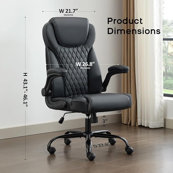 amseatec Big and Tall Office Chair, Flip-Up, Executive Desk Chair, Black | Ergonomic Leather High Back, Lumbar Support, 90 °Lock, 115° Tilt, 20 Spring Packs, 300lbs Capacity, Wide Seat/Smooth Casters