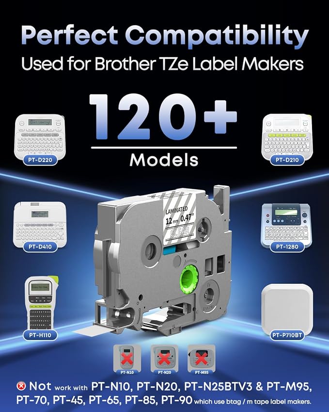 TZe TZ Tape 12mm 0.47 Laminated White on Clear TZe-135 Label Tape | Replace for Brother Label Maker Tape Clear TZe135 TZ135 for Brother P-Touch PT-D210 PT-D220 PT-H110 PT-D400 PT-D600, 5-Pack