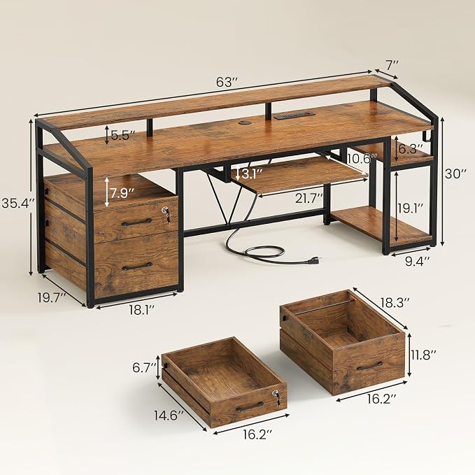 SEDETA 63" Computer Desk, Office Desk with Lock Drawers for Legal/Letter File, Gaming Desk with LED Light & Power Outlet, Home Office Desks for Printer, Rustic Brown