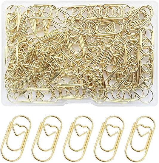 100 Pack Love Heart Shaped Paper Clips, Mini Paperclips Papers, 0.8inch Small Paper Clips for Office School Home Desk Organizers (Gold)