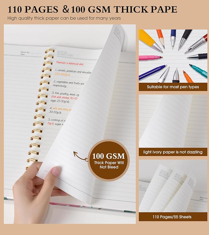 Spiral Notebook Journal 8.5” x 11”, A4 Large Notebooks for Women Men, College Ruled Lined Journal, 100 GSM Paper, Hardcover Spiral Bound Journals for Work School Note Taking, Watercolor Blooms