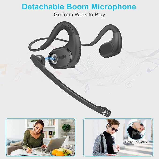 iDIGMALL Bluetooth Headset, Open Ear Headphones with Detachable Microphone | Multi-Point Wireless Headset with DSP Noise Canceling Mic for Phone PC Laptop Office Meeting Home Work, Comfort & Light, 12H
