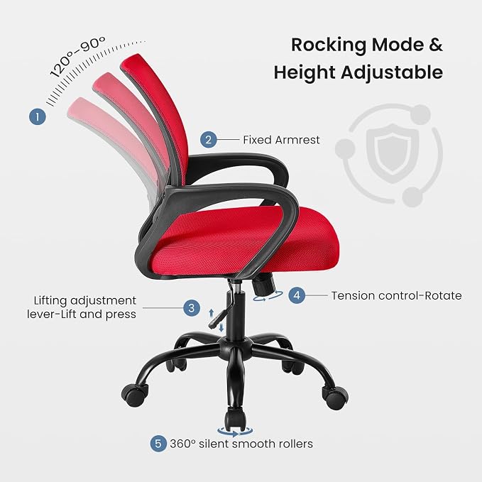 DUMOS Office Chair, Ergonomic Home Desk Mesh Chair, Lumbar Support | Mid Back Mesh, Height Adjustable Fixed Armrest, Rocking Mode 360 Swivel Computer Gaming, Red