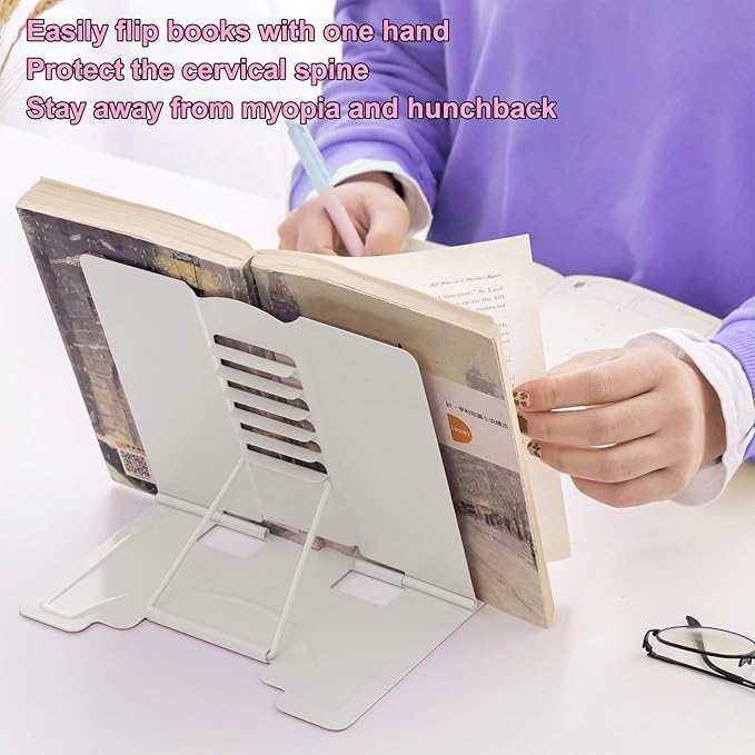 MSDADA Book Stand Metal Reading Rest Book Holder Adjustable Cookbook Documents Holder Portable Sturdy Bookstands for Recipes Textbooks Tablet Music Books with Page Clips Gifts for Girls (Milky White)