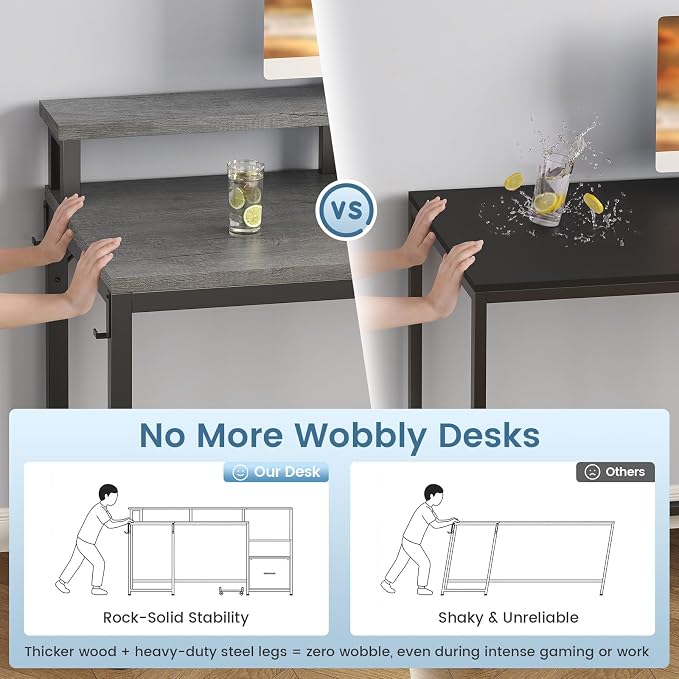 SEDETA 66" Reversible L Shaped Computer Desk with Power Outlet, File Drawer | Home Office Desk with Monitor Shelf, Storage Shelves, LED Lights for Corner Small Spaces, Gaming, Grey