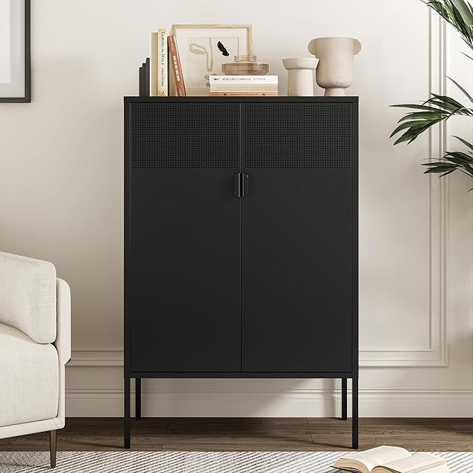Chshin Metal Storage Cabinet,Kitchen Pantry Storage Cabinets with Doors,Buffet Cabinet with 2 Adjustable Shelves,Black Pantry Cabinets,Steel Sideboard for Home,Shoes,Office,Dining Room