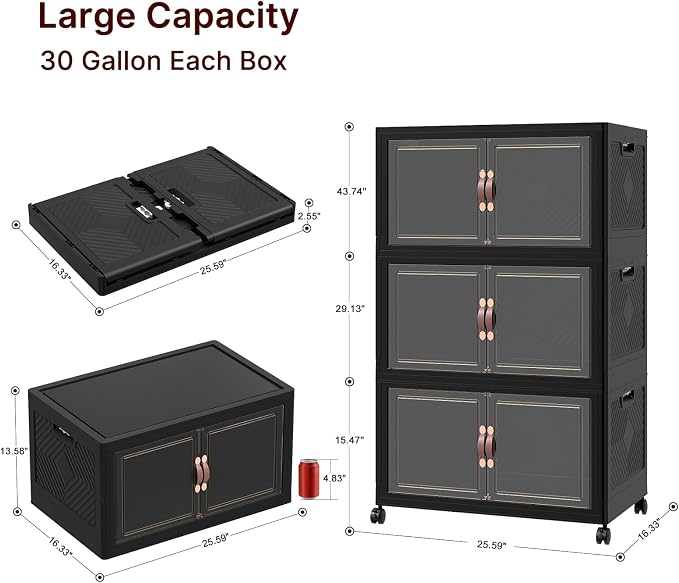 Stackable Storage Bins with Lids, 360QT Lockable Storage Cabinet | Folding Storage Box with Doors and Wheels, Collapsible Plastic Drawers for Home, Garage, Office