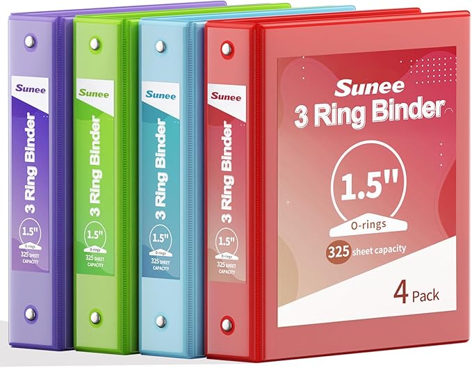 SUNEE 1.5 Inch Binders 3 Ring 4 Pack, 1 1/2 Inch Classic 4-Color Binder Set (8.5x11 Inches) for Office, School or Home Supplies