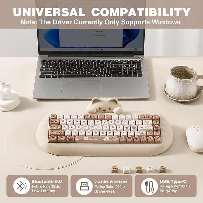 YUNZII C68 Silicone Cute Cat Mechanical Keyboard (Brown,Cocoa Cream Switch) | Wireless Triple Mode BT5.0/2.4G/Wired, RGB Backlit NKRO, Cute Cat Silicone Ergonomic Design for Win/Mac