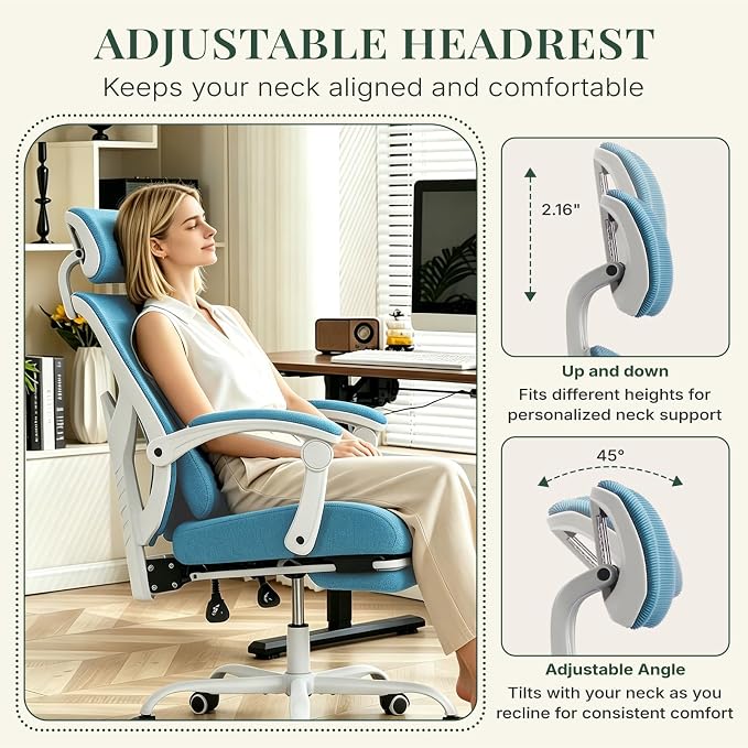 Ergonomic Office Chair with Footrest, Computer Gaming Chair | Adjustable Headrest, Lumbar Support, Swivel Reclining, Padded Armrest, Mesh High Back, Home Desk Work Study, Blue
