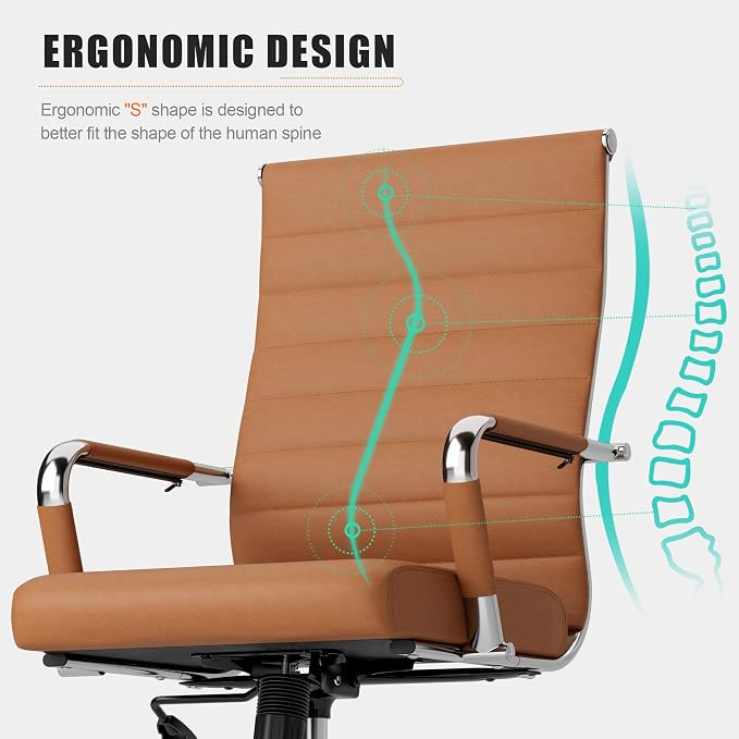 Okeysen Office Desk Chair, Ergonomic Leather Modern Conference Room Chairs, Executive Ribbed Height Adjustable Swivel Rolling Chair for Home Office Set of 2. (Brown)