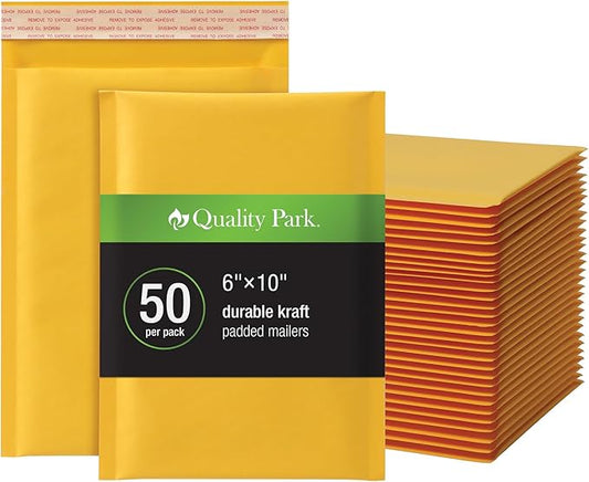 Quality Park Bubble Mailers, 6 x 9 Shipping Envelopes, Self-Seal, Durable Brown Kraft Padded Envelopes, Redi-Strip Peel Off Closure, 50 Per Box (QUA85755)