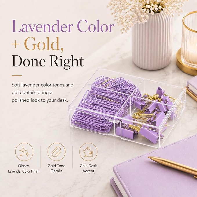 Paper Clips and Binder Clips Set, Purple & Gold, Assorted Size Clips