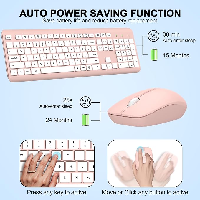Wireless Keyboard and Mouse Combo, Full-Size Silent Ergonomic Keyboard and Optical Mouse, Long Battery Life, 2.4G Lag-Free Mice Keyboard for Computer,Mac,Laptop,PC,Windows(White Pink)