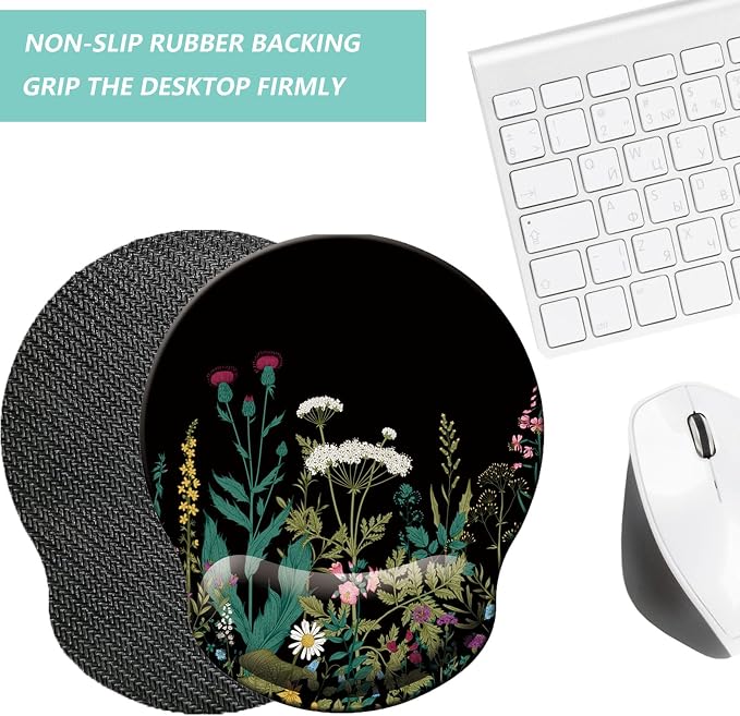 Mouse Pad with Wrist Support, Ergonomic Mouse Pad with Memory Foam Wrist Rest Cushion, Non-Slip Rubber Base Gaming Mice Pad for Home Office Computer Laptop, Flowers Grass