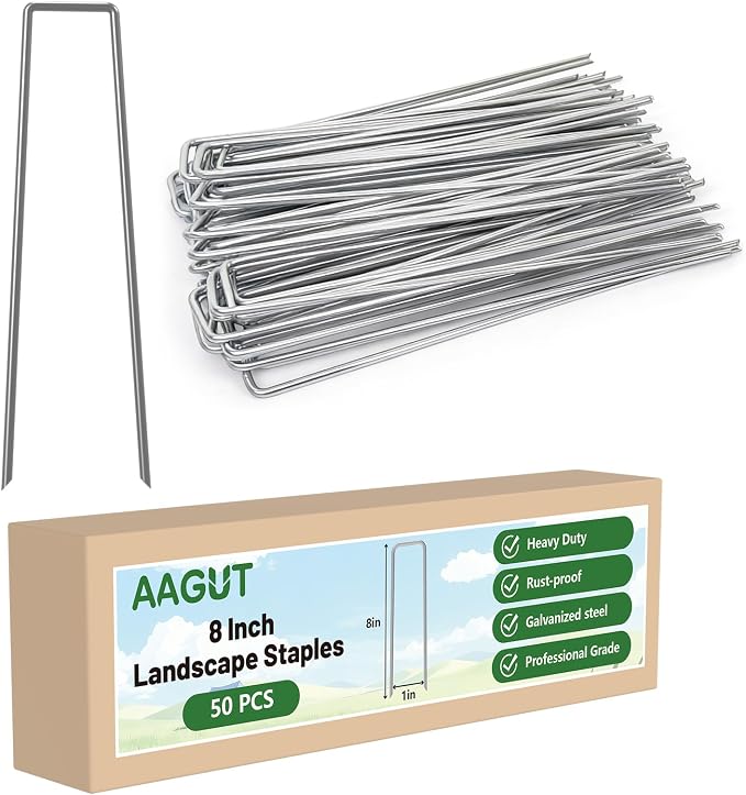 Landscape Staples 8 Inch Galvanized Anti-Rust Garden Stakes 11 Gauge | 50 Pack Sod Yard Pins Heavy Duty Lawn Stake for Fence, Weed Barrier Fabric, Ground Cover, Ground Decorations, Chicken Wire
