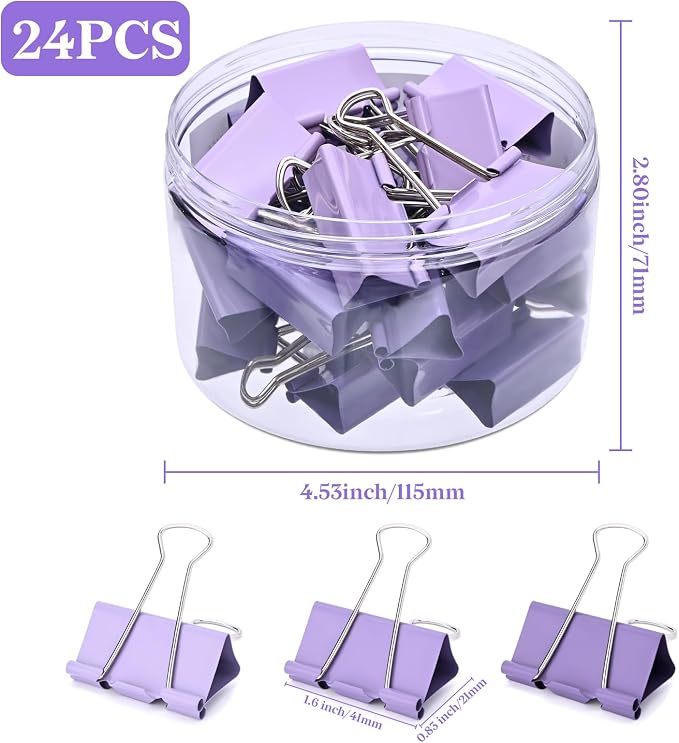 Temiary Binder Clips, Large Metal Binder Paper Clip Purple 1.6 Inch, 24 Pcs | Colored Binding Paperwork Clamp Bulk for Office, Home, School