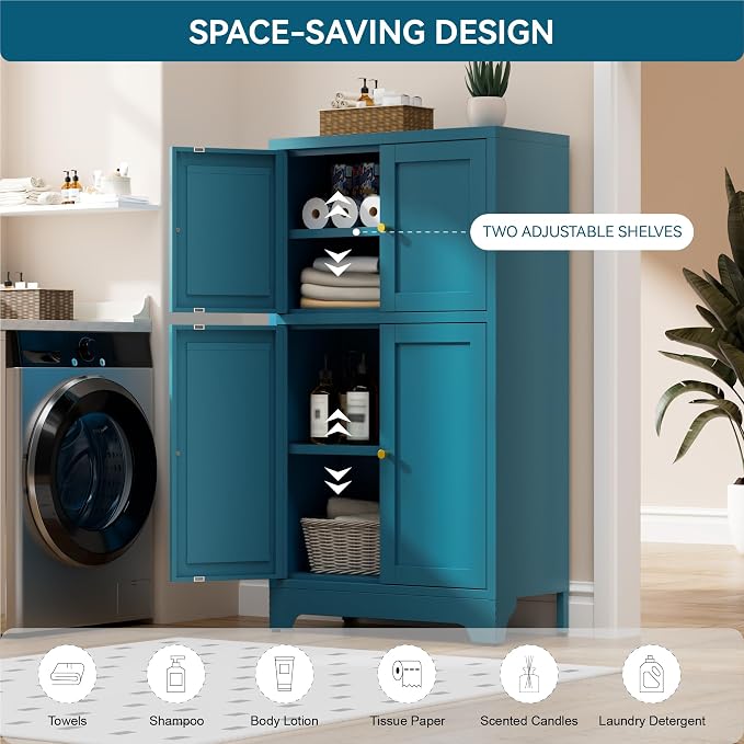Bevivog Bathroom Floor Storage Cabinet,Metal Accent Cabinets with 4 Doors and 2 Adjustable Shelves,Blue Storage Locker Cabinets Organizer for Pantry Kitchen,Living Room,Hallway, Restroom