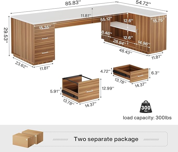 Tribesigns 85.8-Inch L-Shaped Executive Desk, Extra Large Modern Office Desk with File Drawers, Door Cabinet & Shelves, Commercial Office Table, Home Business Workstation, White & Brown