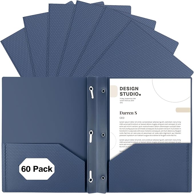 60-Pack Plastic Folders with Pockets and Prongs,2-Pocket Folders with 3 Fasteners, Poly Folders Holds 8-1/2" x 11" Paper for School/Office/Home, Blue
