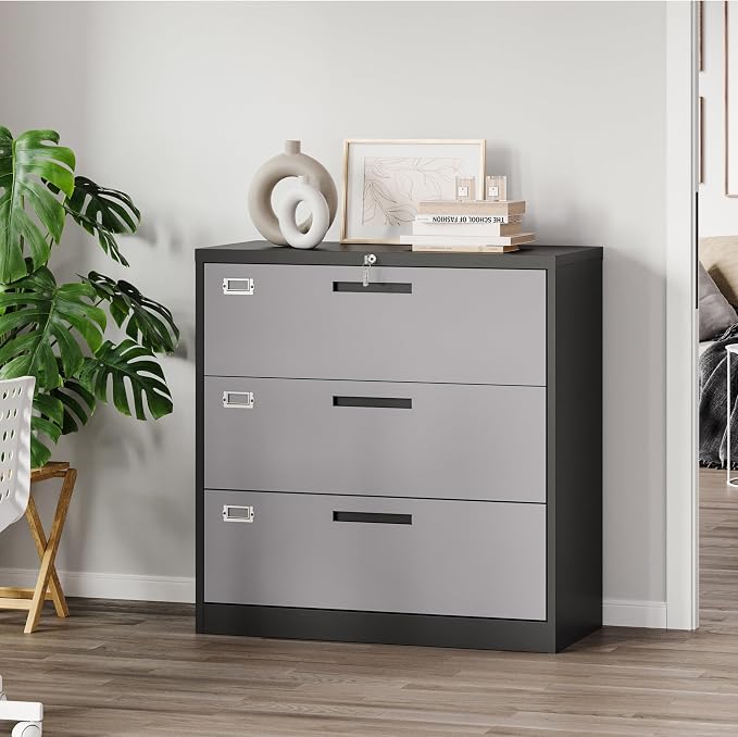 File Cabinet with Lock-Lateral 3 Drawer Metal Filing Cabinets-Organization Storage for Home Office-Hanging Letter/Legal/F4/A4 Size (Grey Black)