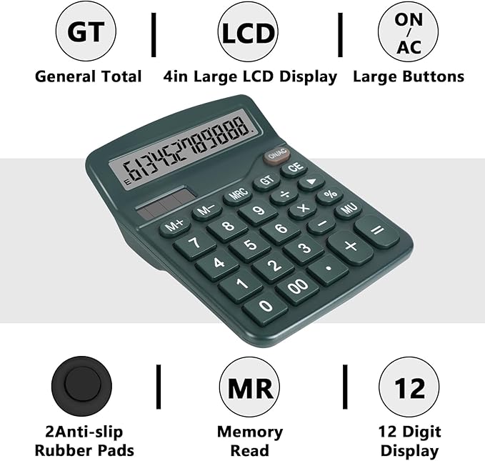 Dark Green Desktop Calculator with Big Buttons, Dual Power Source, Solar and Battery, Large Display Screen - Perfect for Office, Teachers, and Students (Dark Green)