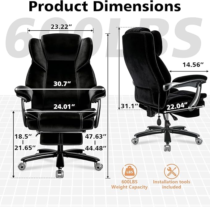 600lbs Big and Tall Office Chair for Heavy People,Heavy Duty Comfy Executive Office Desk Chair with Adjustable Lumbar Support,High Back Reclining Fabric Computer Chair