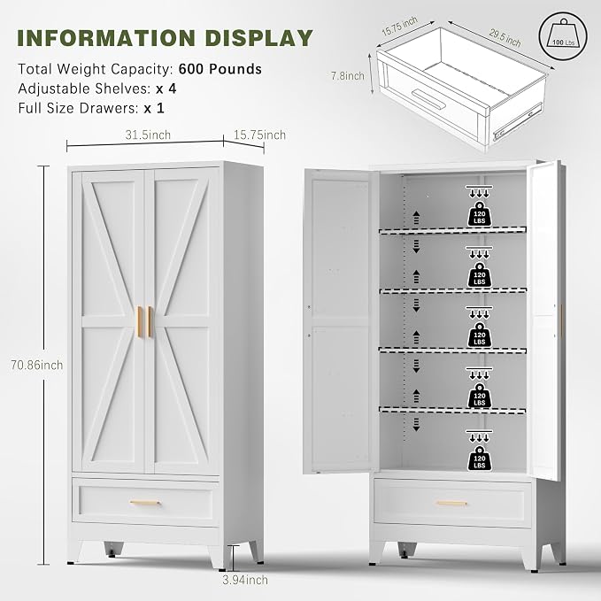 COFaR Metal Storage Cabinet, Farmhouse Storage Cabinet with 2 Doors and 4 Adjustable Shelves - 71" White Kitchen Pantry Storage 5-Tier Tall Steel Cabinets Locker for Kitchen, Living Room, Dining Room