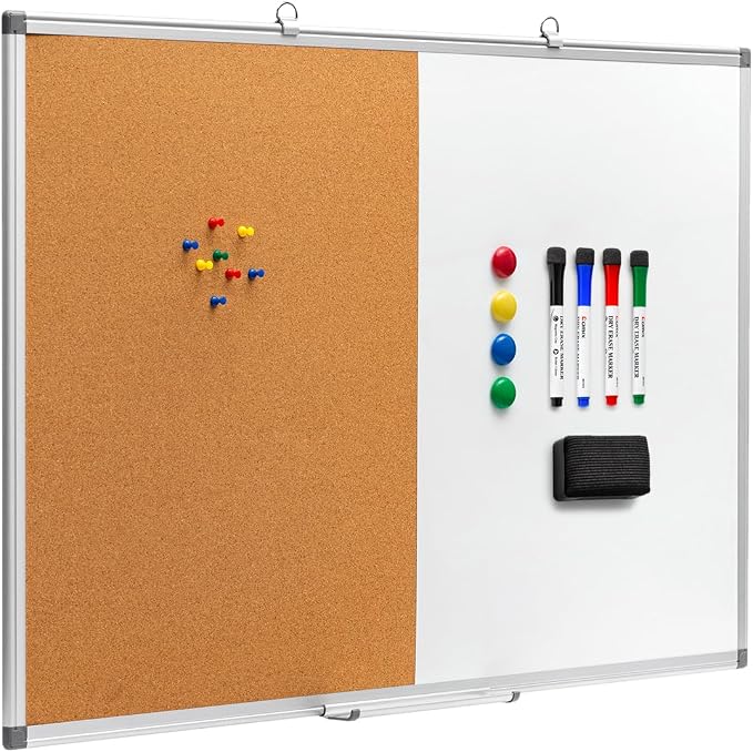 Comix Magnetic Whiteboard & Cork Combo, 36 x 24 Inches Wall Vision Board | Magnetic whiteboard & bulletin Board combo, contains 4 markers, 4 magnets, eraser and push pins