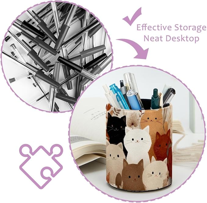 Leather Pen Holder for Desk, Colored Cats Pattern Pencil Cup Pen Organizer Makeup Brush Holder for Office Home Kids Countertop Desk Accessory Storage