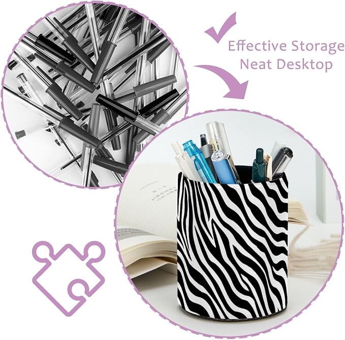 Leather Pen Holder for Desk, Zebra Print Pencil Cup Pen Organizer Makeup Brush Holder for Office Home Kids Countertop Desk Accessory Storage