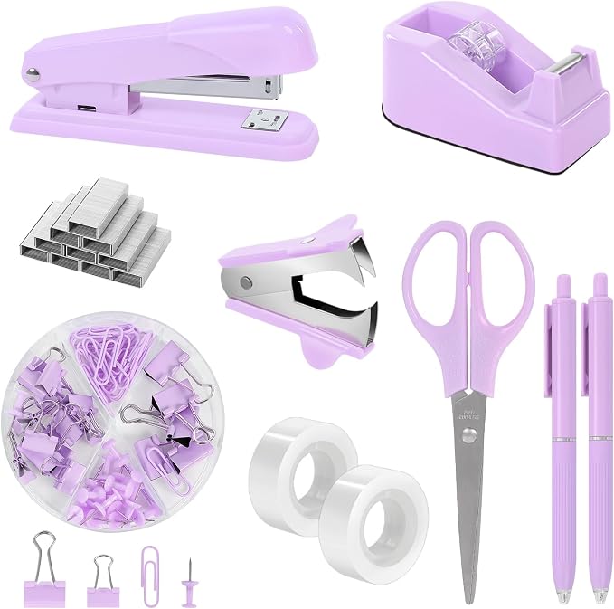 SKYDUE Purple Desk Accessories, Stapler and Tape Dispenser Set,10PCS | Purple Office Supplies Set, Stapler, Tape Dispenser, Scissors, Binder/Paper Clips and 1000pcs Staples