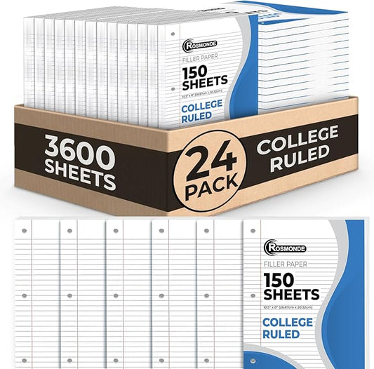 Loose Leaf Paper Bulk, 3600 Sheets, 24 Pack, College Ruled Paper | Bulk Notebook Paper, 8" x 10.5", 150 Sheets/Pack, Bulk Office Filler Paper, 3 Hole Punched, College Ruled Paper For Binder