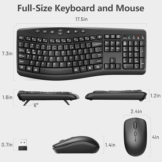 Wireless Keyboard and Mouse Combo, 2.4G Quiet Ergonomic Curved Keys (Black)
