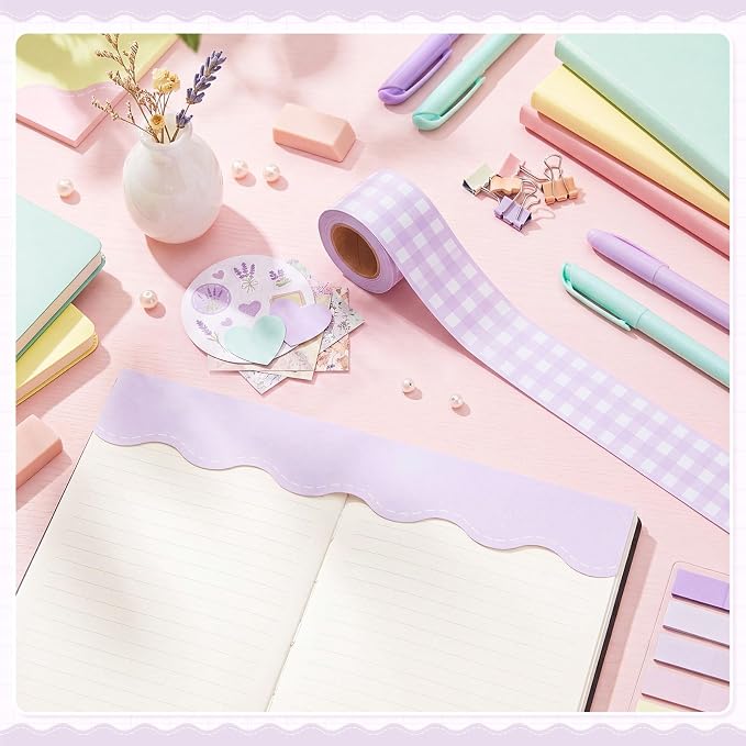 2 Rolls 65.6ft Macaron Purple Gingham Bulletin Board Borders Decoration Purple Checkered and Straight Edge Bulletin Borders Board Trim for Office School Classroom Chalkboard Party Decoration