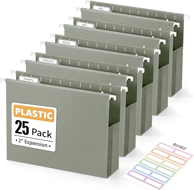 Sooez Extra Capacity Plastic Hanging File Folders, File Organizer | 25 Counts Expanding File Folders Letter Size with 2" Expansion, Adjustable Tabs for File Cabinet, Drawer, Gray