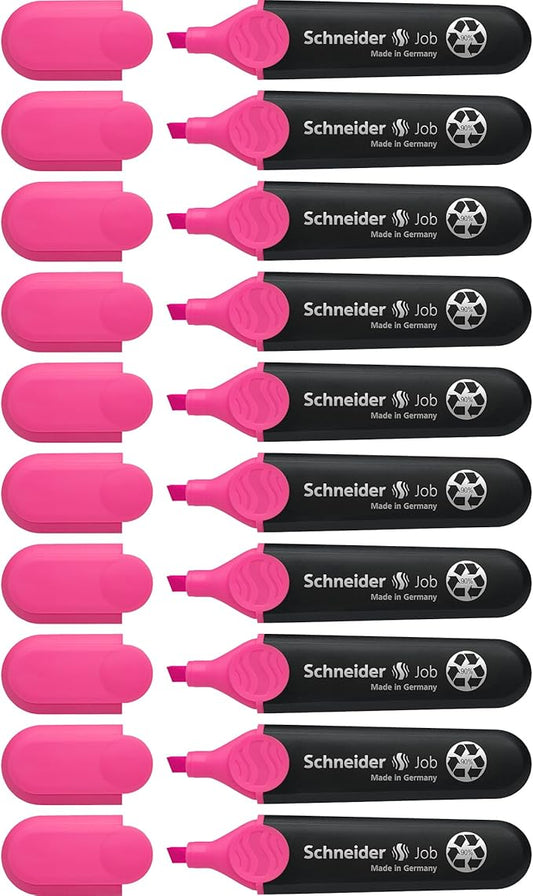 Schneider Job Highlighter, Chisel Tip, 1 + 5 mm, Black Barrel, Pink Ink, Box of 10 Highlighters (1509)