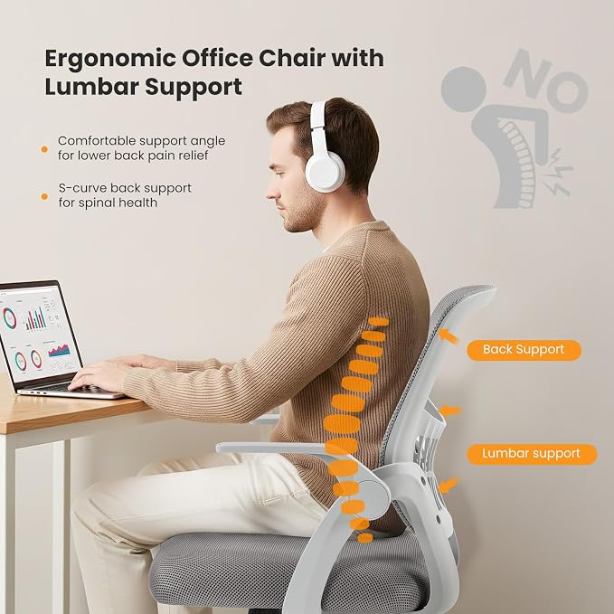 Sweetcrispy Computer Desk Chair, Home Office Chair, Lumbar Support | Flip Up Armrest, Adjustable Height, 360° Swivel Wheels, Ergonomic Mesh Mid-Back, Comfy Arms Bedroom Study