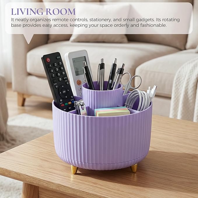 Pencil Pen Holder for Desk, 5 Slots 360-Degree Rotating Desktop Organizer, Cute Desk Organizers and Accessories for School, Home, Office and Art Supply, Purple